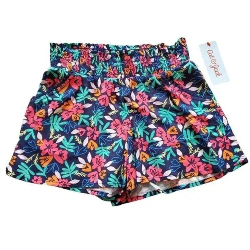 Girls Shorts NWT XS 4/5 Navy Blue Pink Floral Print Elastic Waist Pockets Rayon